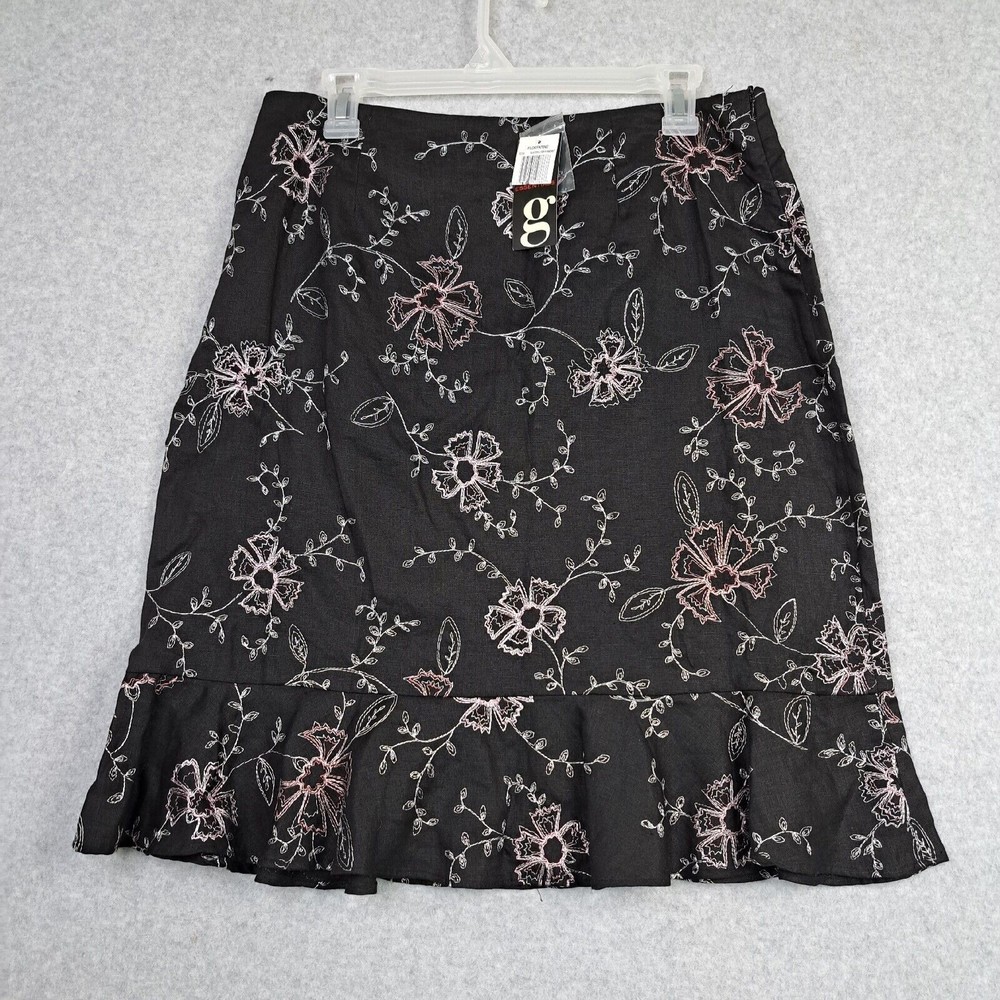 Embroidered Skirt Ruffle Hem Essentials g 100% Linen Floral Size 12 With Tags